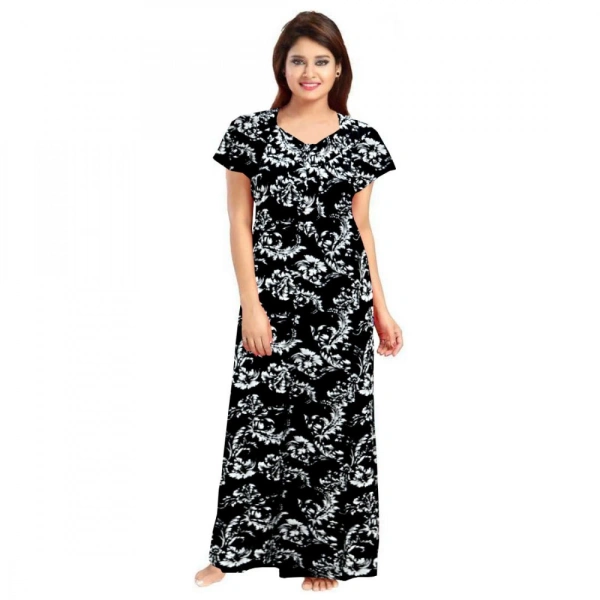 Shopnav Women's Cotton Printed Maxi Nighty (Black) - 2XL