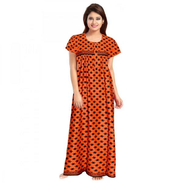 Shopnav Women's Cotton Printed Maxi Nighty (Orange) - 2XL