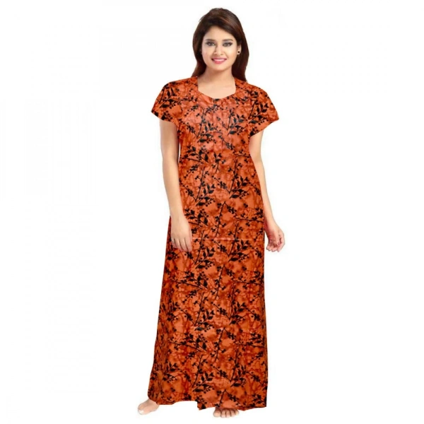 Shopnav Women's Cotton Printed Maxi Nighty (Orange) - L