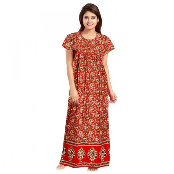 Shopnav Women's Cotton Printed Maxi Nighty (Red) - L