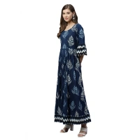 Generic Women's Cotton Printed Regular Kurti (BlueCotton ) - Blue, 3/4th Sleeve, 4XL