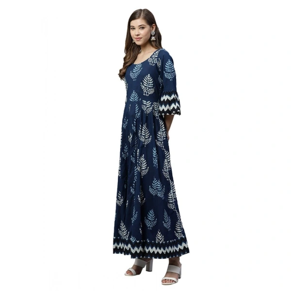 Generic Women's Cotton Printed Regular Kurti (BlueCotton ) - Blue, 3/4th Sleeve, 4XL