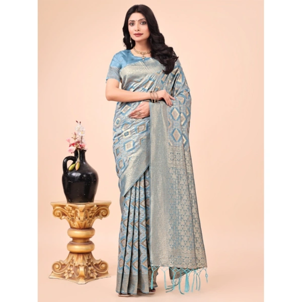Generic Women's Cotton Printed Saree With Unstitched Blouse 5.5Mtr (Sky Blue) - Sky Blue