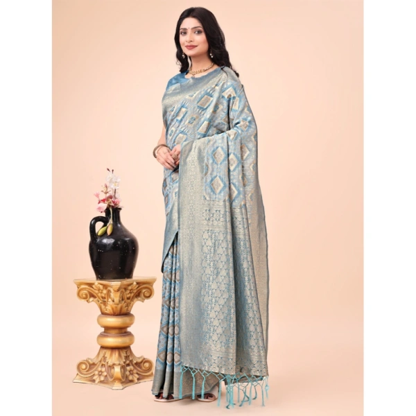 Generic Women's Cotton Printed Saree With Unstitched Blouse 5.5Mtr (Sky Blue) - Sky Blue