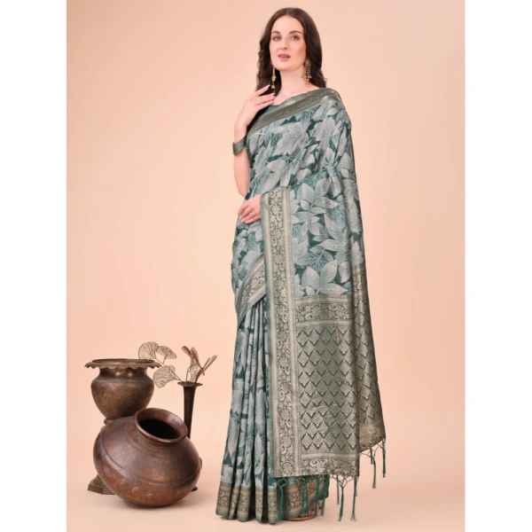 Generic Women's Cotton Printed Saree With Unstitched Blouse 5.5Mtr (Green) - Green