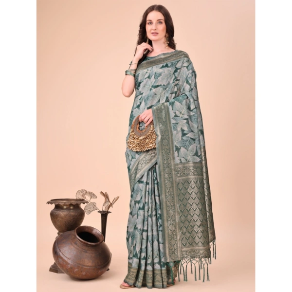 Generic Women's Cotton Printed Saree With Unstitched Blouse 5.5Mtr (Green) - Green
