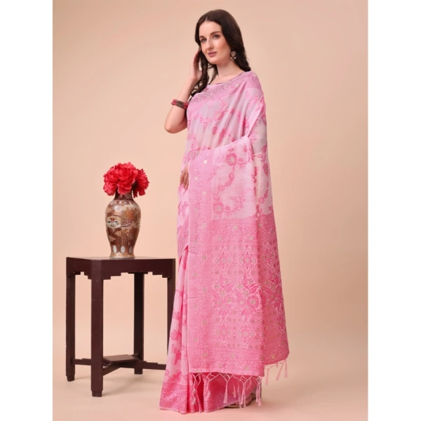 Generic Women's Cotton Printed Saree With Unstitched Blouse 5.5Mtr (Pink) - Pink