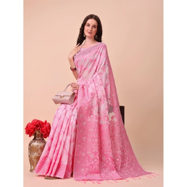 Generic Women's Cotton Printed Saree With Unstitched Blouse 5.5Mtr (Pink) - Pink