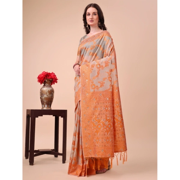 Generic Women's Cotton Printed Saree With Unstitched Blouse 5.5Mtr (Orange) - Orange