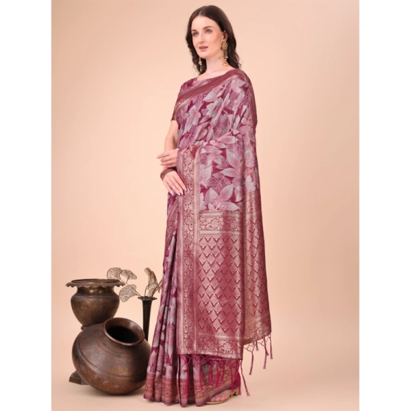 Generic Women's Cotton Printed Saree With Unstitched Blouse 5.5Mtr (Magenta) - Magenta