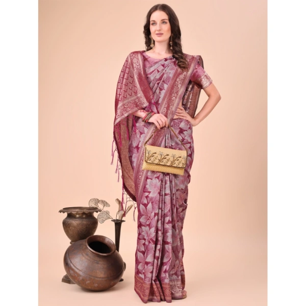 Generic Women's Cotton Printed Saree With Unstitched Blouse 5.5Mtr (Magenta) - Magenta