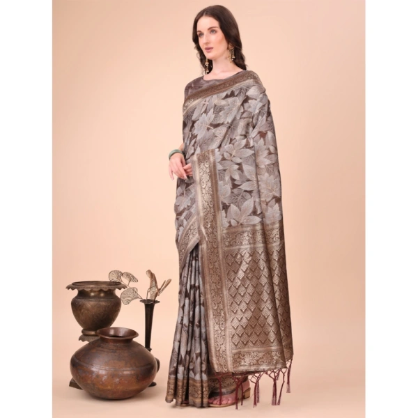 Generic Women's Cotton Printed Saree With Unstitched Blouse 5.5Mtr (Brown) - Brown