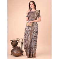 Generic Women's Cotton Printed Saree With Unstitched Blouse 5.5Mtr (Brown) - Brown
