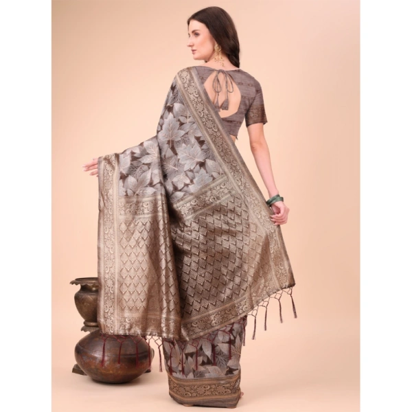 Generic Women's Cotton Printed Saree With Unstitched Blouse 5.5Mtr (Brown) - Brown