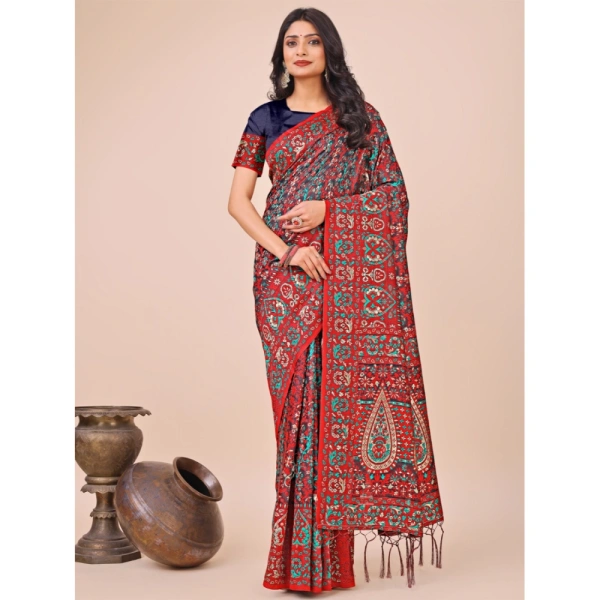Generic Women's Cotton Printed Saree With Unstitched Blouse 5.5Mtr (Red) - Red