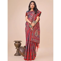Generic Women's Cotton Printed Saree With Unstitched Blouse 5.5Mtr (Red) - Red