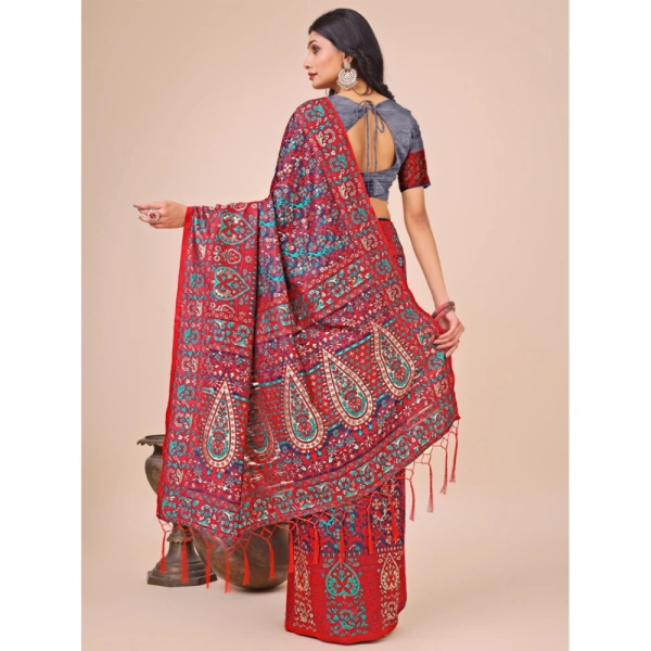 Generic Women's Cotton Printed Saree With Unstitched Blouse 5.5Mtr (Red) - Red