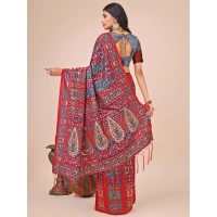 Generic Women's Cotton Printed Saree With Unstitched Blouse 5.5Mtr (Red) - Red