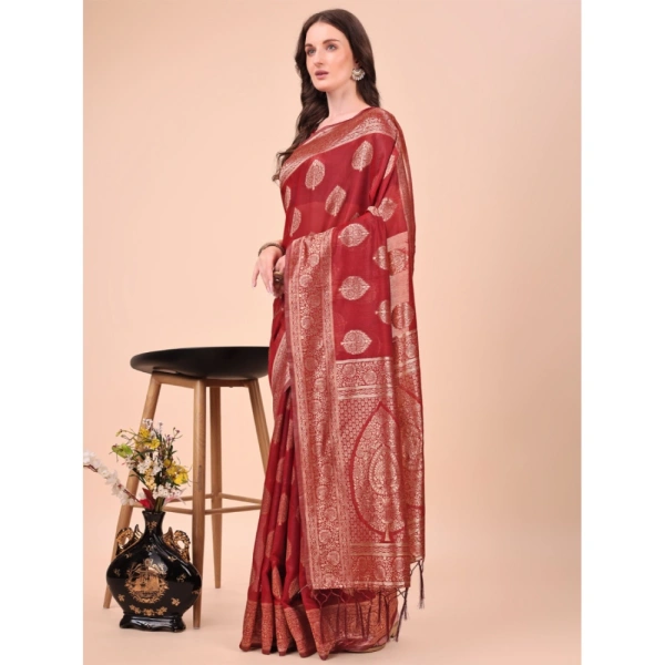 Generic Women's Cotton Printed Saree With Unstitched Blouse 5.5Mtr (Maroon) - Maroon