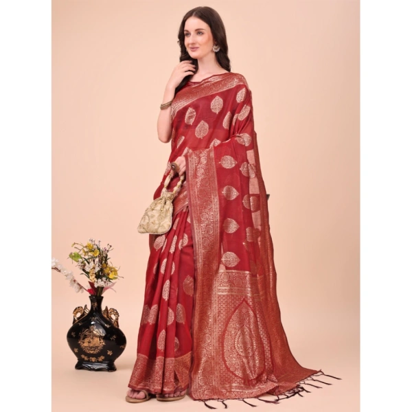 Generic Women's Cotton Printed Saree With Unstitched Blouse 5.5Mtr (Maroon) - Maroon