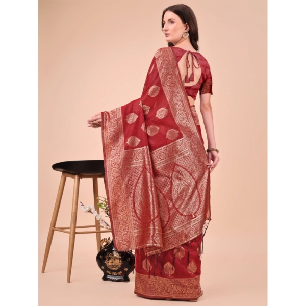 Generic Women's Cotton Printed Saree With Unstitched Blouse 5.5Mtr (Maroon) - Maroon