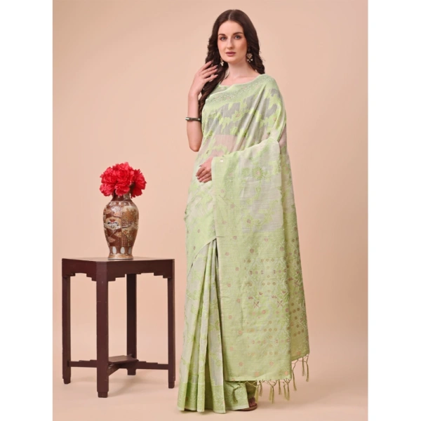 Generic Women's Cotton Printed Saree With Unstitched Blouse 5.5Mtr (Light Green) - Light Green