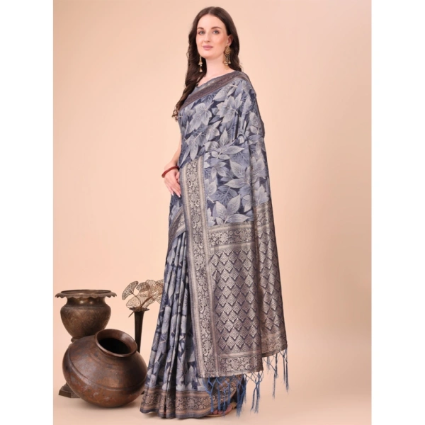 Generic Women's Cotton Printed Saree With Unstitched Blouse 5.5Mtr (Navy Blue) - Navy Blue