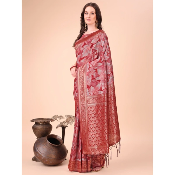 Generic Women's Cotton Printed Saree With Unstitched Blouse 5.5Mtr (Red) - Red