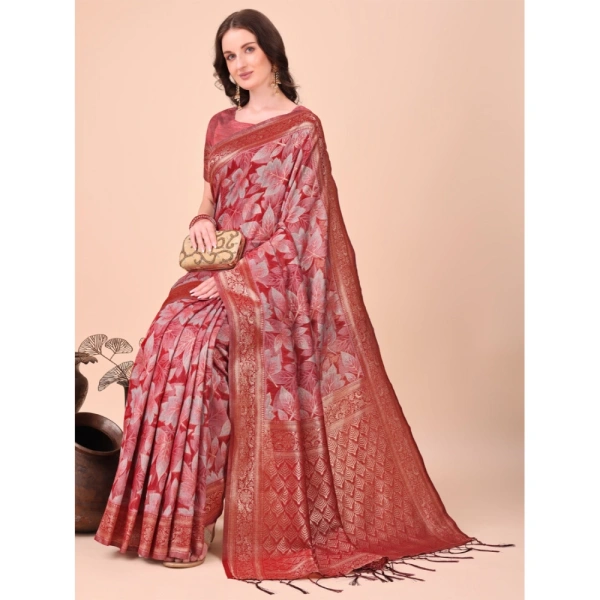 Generic Women's Cotton Printed Saree With Unstitched Blouse 5.5Mtr (Red) - Red