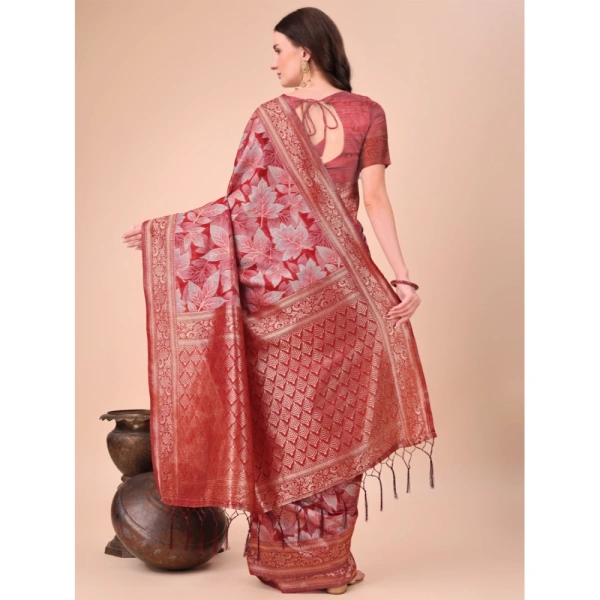 Generic Women's Cotton Printed Saree With Unstitched Blouse 5.5Mtr (Red) - Red