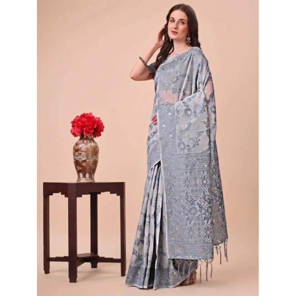 Generic Women's Cotton Printed Saree With Unstitched Blouse 5.5Mtr (Grey) - Grey