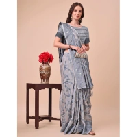 Generic Women's Cotton Printed Saree With Unstitched Blouse 5.5Mtr (Grey) - Grey