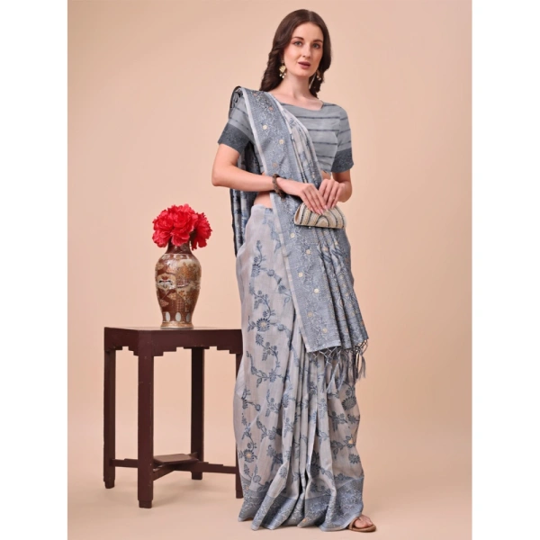 Generic Women's Cotton Printed Saree With Unstitched Blouse 5.5Mtr (Grey) - Grey