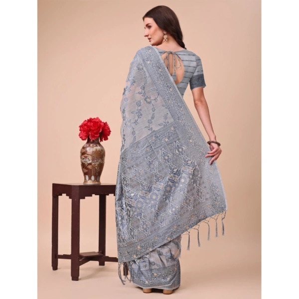 Generic Women's Cotton Printed Saree With Unstitched Blouse 5.5Mtr (Grey) - Grey