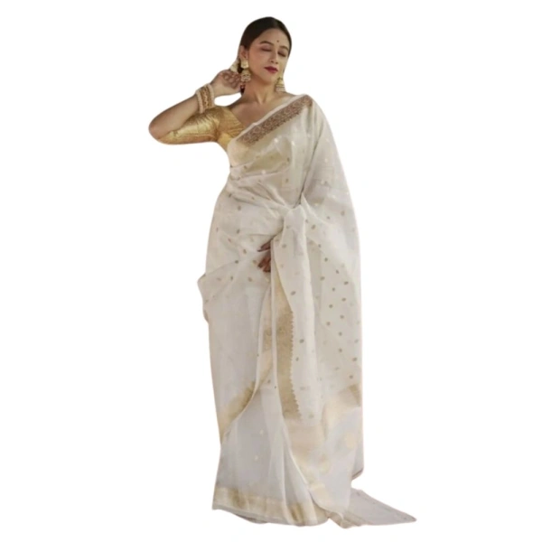 Generic Women's Cotton Printed Saree With Unstitched Blouse 5.5Mtr (White) - White