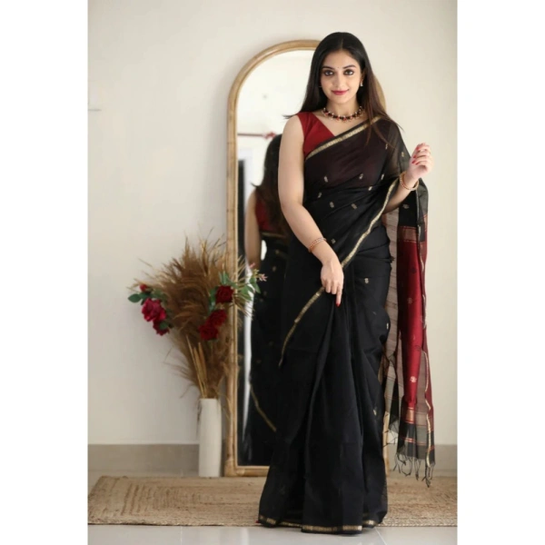 Generic Women's Cotton Printed Saree With Unstitched Blouse 5.5Mtr (Black) - Black