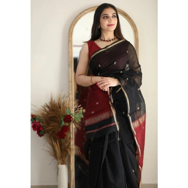 Generic Women's Cotton Printed Saree With Unstitched Blouse 5.5Mtr (Black) - Black