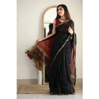 Generic Women's Cotton Printed Saree With Unstitched Blouse 5.5Mtr (Black) - Black