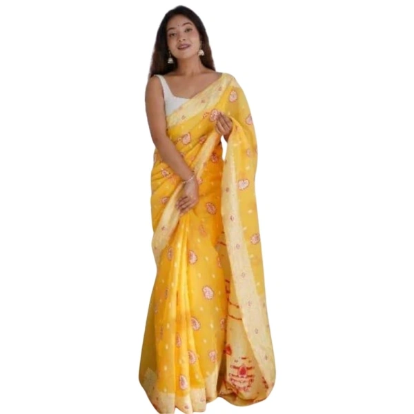Generic Women's Cotton Printed Saree With Unstitched Blouse 5.5Mtr (Yellow) - Yellow