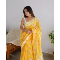 Generic Women's Cotton Printed Saree With Unstitched Blouse 5.5Mtr (Yellow) - Yellow