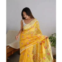 Generic Women's Cotton Printed Saree With Unstitched Blouse 5.5Mtr (Yellow) - Yellow