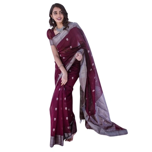 Generic Women's Cotton Printed Saree With Unstitched Blouse 5.5Mtr (Maroon) - Maroon