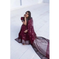 Generic Women's Cotton Printed Saree With Unstitched Blouse 5.5Mtr (Maroon) - Maroon