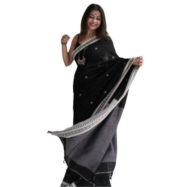 Generic Women's Cotton Printed Saree With Unstitched Blouse 5.5Mtr (Black) - Black