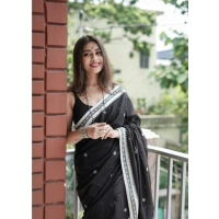 Generic Women's Cotton Printed Saree With Unstitched Blouse 5.5Mtr (Black) - Black