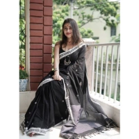 Generic Women's Cotton Printed Saree With Unstitched Blouse 5.5Mtr (Black) - Black