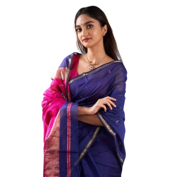 Generic Women's Cotton Printed Saree With Unstitched Blouse 5.5Mtr (Blue) - Blue