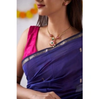 Generic Women's Cotton Printed Saree With Unstitched Blouse 5.5Mtr (Blue) - Blue