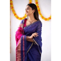 Generic Women's Cotton Printed Saree With Unstitched Blouse 5.5Mtr (Blue) - Blue