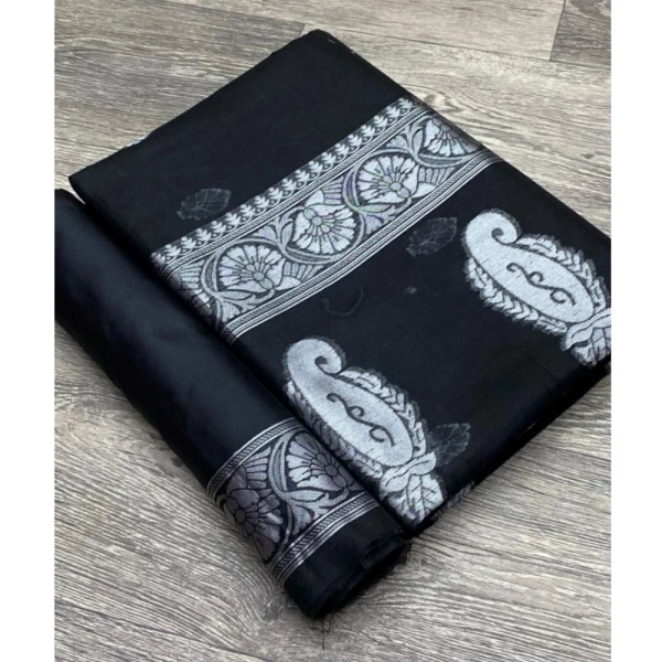 Generic Women's Cotton Printed Saree With Unstitched Blouse 5.5Mtr (Black) - Black